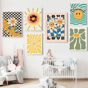 Abstract zonnebloem canvas schilderen vintage smiley face bloem poster print boho stijl moderne woonkamer slaapkamer kinderkamer decor geen frame wo6