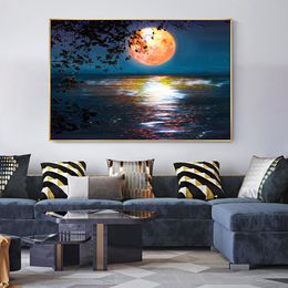Peinture sur toile moderne abstraite, coucher de soleil, rivière, arbres, lune, affiches et imprimés, tableau d'art mural pour décoration de salon et de chambre à coucher