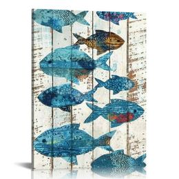 Abstracto de lienzo de peces tropicales Arte de pared de la vida marina Fotos de arte de animales para la decoración de baño de cocina enmarcada lista para colgar 16 