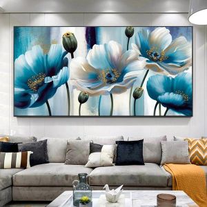 Samenvatting Vintage Blue White Flower Oil Painting Gedrukt op canvas bloemenmuurkunst posters en prints voor woonkamer decoratie