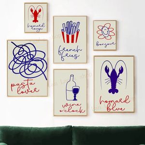 Samenvatting Vintage Minimalistische lijnposter Lobster Red Wine Spaghetti Fries Print Happy Face Canvas Painting Print Restaurant Keuken Wall Decor No Frame WO6