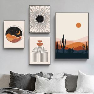 Póster Vintage abstracto, pintura en lienzo de sol y luna, impresión de arte moderno de arcoíris, imagen de pared de línea geométrica para decoración para sala de estar