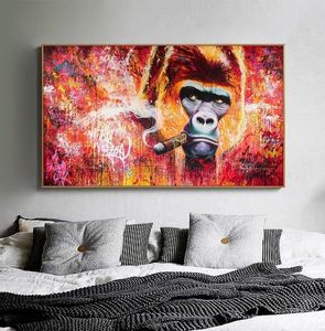 Toile d'art mural abstrait, peinture à l'huile d'animal, gorille fumant un cigare, affiche drôle, impression d'image pour salon, décoration de maison moderne C9461149