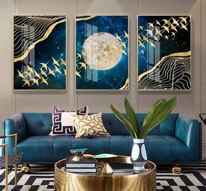 Abstract Wall Art Canvas Schilderij Blauw Gouden Maan Berg Vogels Nordic Posters Prints Muur Foto's voor Woonkamer Modern Huis 9137208