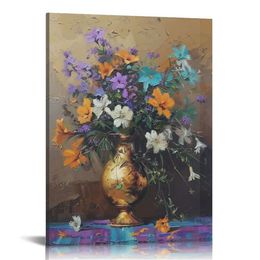 Abstrait mur art imprimés peintures toile art mural - vase en or avec fleurs violettes images de salon chambre de bureau décor mural décoration de la maison