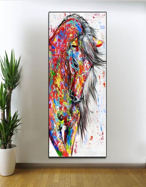Arte de pared abstracto, pintura al óleo de caballo corriendo sobre lienzo, impresiones de carteles de animales personalizados coloridos, cuadros de pared modernos para vivir 4350458