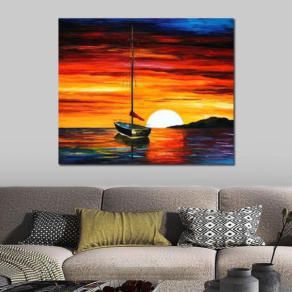 Art mural abstrait coucher de soleil par la colline peinture à l'huile à la main toile oeuvre contemporaine décor à la maison