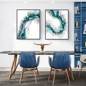 Abstract waterverf blauw groen met zwart schilderij op canvas Noordse moderne posters en prints muurkunst voor woningdecoratie