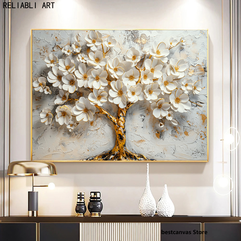 Abstract White Flower Blossoming Tree On Canvas,Print Poster,Modern Wall Picture for Living Room Decor Painting Unframed