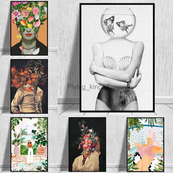 Mujer abstracta y flores, carteles de estilo surrealista, impresiones artísticas de pared, cómics, planta, pintura en lienzo para decoración de sala de estar, Cuadros HKD230829