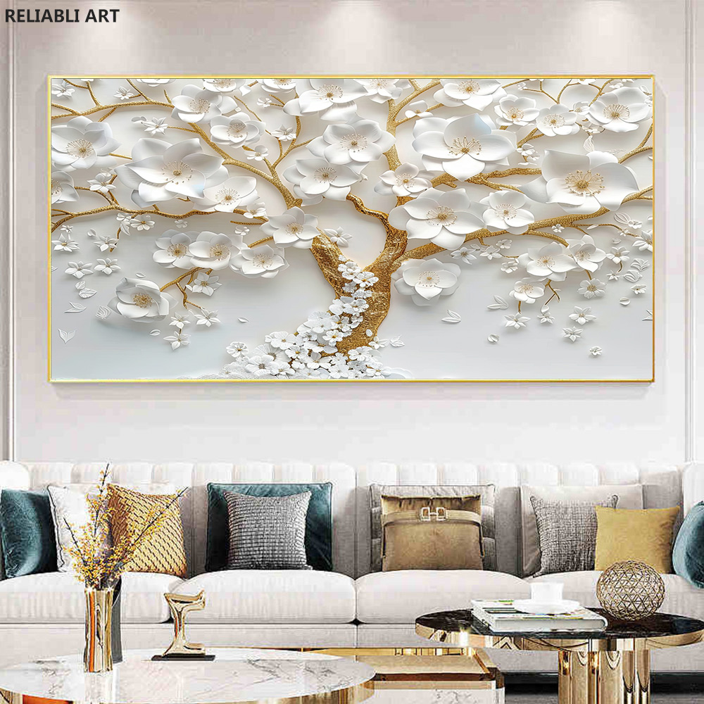 Abstrract Art White Flower Tree On Canvas, Modern Print Affisch, Living Room Home Decoration Målning Bilder Cuadros Unramed