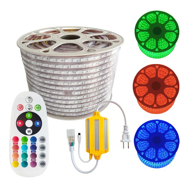 Tira de luces LED RGB flexibles AC 110-120V, 60 LEDs/m, resistente al agua, multicolor que cambia 5050 SMD LED Cuerda de luz + control remoto para decoración de banquetes de bodas oemled