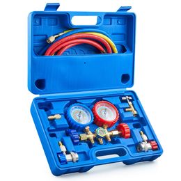 AC Menfold Gauge Ensemble pour R134A R12 R502 Réfrigérant, voiture à 3 voies avec adaptateur de coupleurs de tuyaux de 5 pieds, perforation auto-scellant peut exploiter le kit de charge Freon