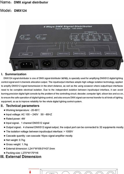 Livraison gratuite AC100-240V entrée amplificateur DMX haute tension/séparateur/répéteur de signal DMX/ports de sortie XLR 4CH Distributeur de signal DMX512 DMX124