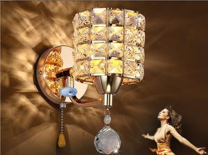 AC85-265v Pull Chain Switch Crystal Wall Lamp Lights Moderne Rits Roestvrijstalen Basisverlichting Wall Sconces Lamparas de pared