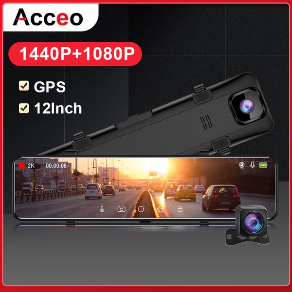 ACCEO A46 voiture Dvr 12 pouces rétroviseur 2K Dash caméra double lentille enregistreur vidéo Vision nocturne registraire Dvr GPS