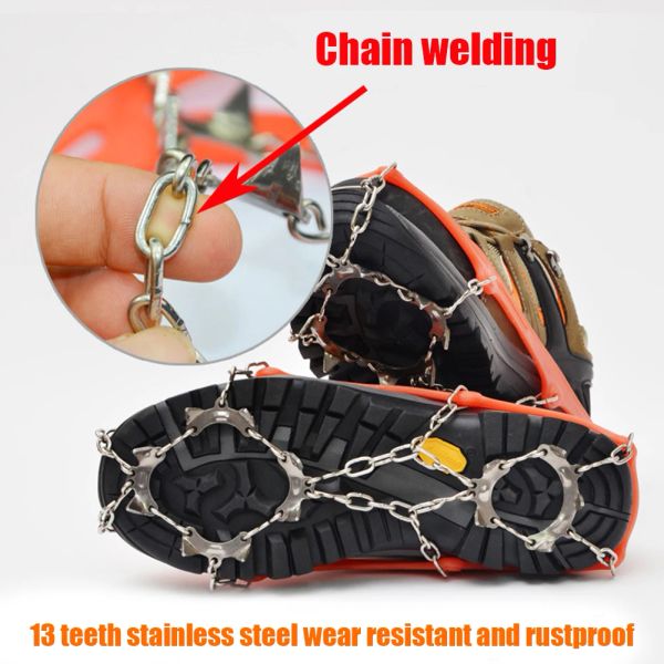 Accesorios 1 par 13 dientes Crampones de escalada Zapatos de nieve para hielo Botas Taco de tracción Empuñaduras antideslizantes de acero inoxidable Accesorios para caminar y caminar