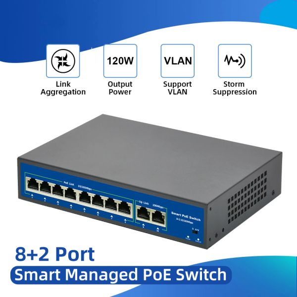 Accesorios 10 puertos Switch POE 48V Potencia a través de Ethernet Network Switch 8 Inyector de interruptor POE para cámara IP/sistema de cámara AP/CCTV inalámbrico