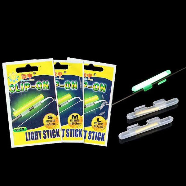 Accessoires 100pcs SS / S / M / L / XL / XXL FLUORESCENT LIGHT Stick 2 en 1 Clip à pression sur la canne à pêche Glow Stick Night Fishing Tackle 00074