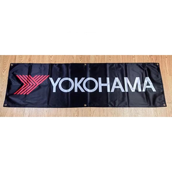 Accessoires 130GSM 150D Polyester Matériel YOKOHAMA OffHighway Pneus Bannière 1,5 * 5 pieds (45 * 150 cm) Publicité décorative Drapeau de voiture de course