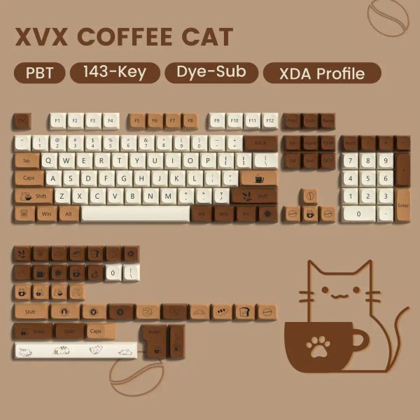 Accessoires 143 touches Coffee Cat PBT KEYCAP 5 côtés Dyesub XDA Profil des touchés personnalisés pour Cherry MX Switch Gamer Keyboards mécaniques