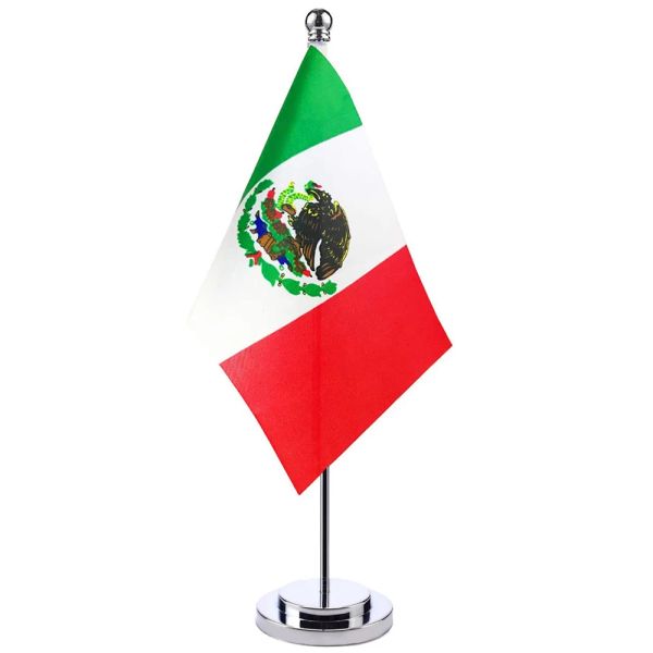 Accesorios 14x21cm Mini Bandera de México Banner Reunión Sala de juntas Mesa Soporte de escritorio Poste de acero inoxidable La bandera mexicana Diseño nacional