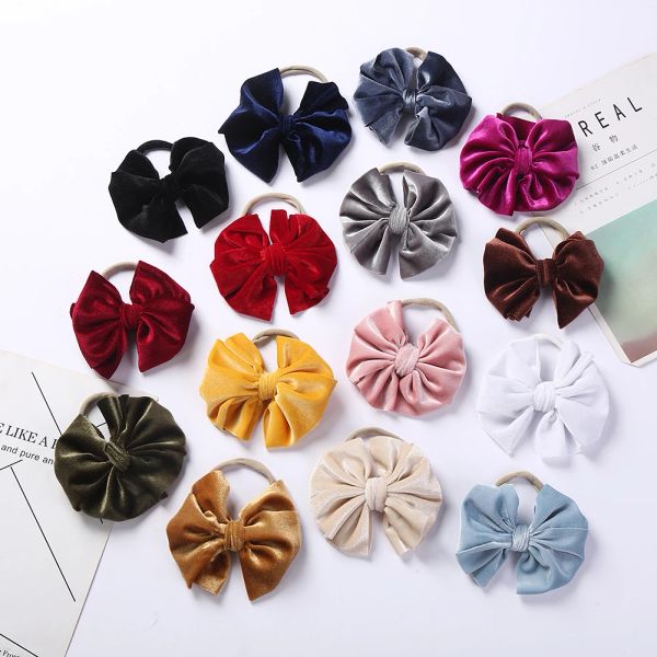 Accessoires 15 PCS / Lot Velvet Hair Bow Knot Bands élastiques pour bébés filles Fabriqué à la main