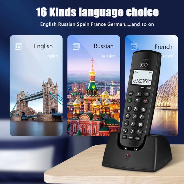 Accessoires 16 langues Téléphone fixe sans fil numérique avec ID d'appel Écran LED de mutation à la main Téléphone fixe sans fil pour hôtel