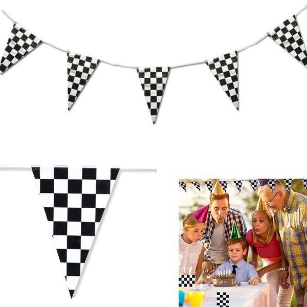 Accessoires 1set 30m drapeau pe noir blanc pour la voiture de course d'anniversaire pour thème de la voiture à carreaux à carreaux Bunting Garland Banner Pennant Flag