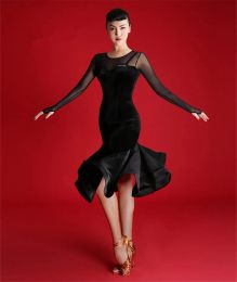 Accessoires 2019 Nouveaux adultes / filles robe de danse latine salsa tango cha cha compétition de bal de bal robe de danse robe de danse noire sexy slim slim long manche V