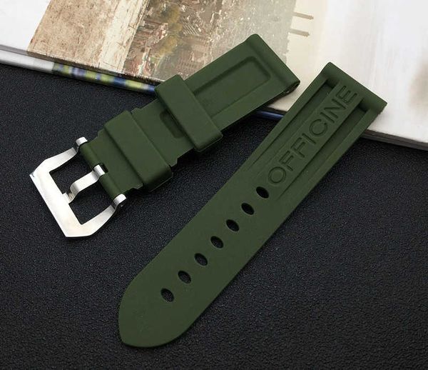 Accessoires 22mm 24mm Army Green Watch Band Remplacement du bracelet en caoutchouc de silicone pour les outils de sangle Panerai avec boucle ardillon en acier H0915