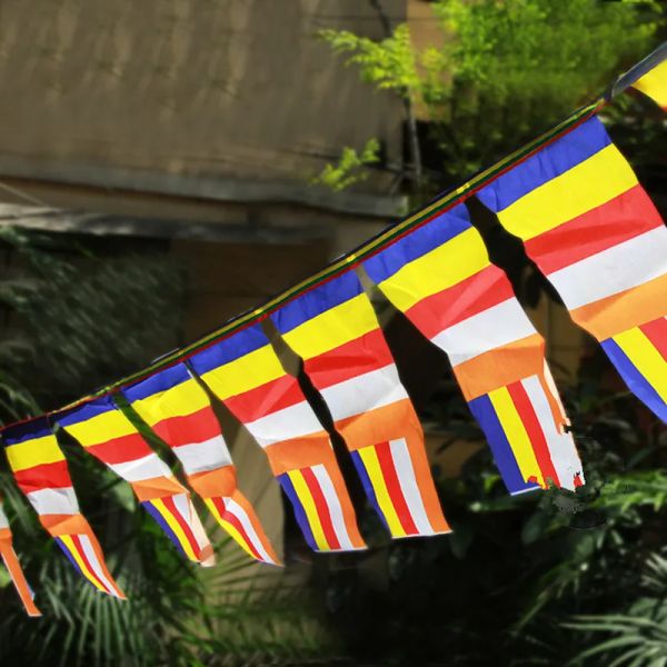 Accessoires 3.5M 5 éléments couleurs 15 pièces/ficelle décorer drapeaux bouddhistes internationaux, 23*40 cm/pièce drapeaux croisés de cheval à vent en tissu de soie