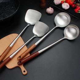 Accessoires 304 cuillère à spatule en acier inoxydable avec manche en bois cuillère de cuisson allongée pelle de cuisine anti-brûlure ustensiles de cuisine