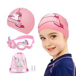 Accessoires 4 Pack Kids Swim Caps pour les longs / courts filles pour tout-petit des lunettes de baignade Silicone Capure d'oreille Plug avec bouchons d'oreille