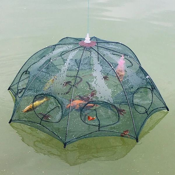 Accessoires 416 trous renforcés de pêche automatique net creveau cage nylon pliable parapluie de la forme de crabe de crabe