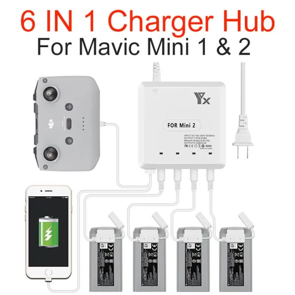 ACCESSOIRES 6 EN 1 Intelligent Multi Charger pour DJI Mavic Mini 1/2 Drone Battery Charging Hub Fast Smart Battery Chargeur avec USB Port