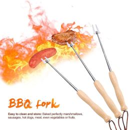 Accessoires 80 cm barbecue spiesjes roestvrij staal houten handgreep lange campfire telescopische uitbreidbare bbq vork barbecue accessoires