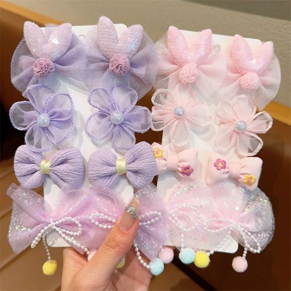 Accessoires 8pcs / ensemble coréen fleur en épingle à cheveux pour enfants princesse petite fille maille arc coiffure brisée Clips de cheveux mignons mignons Barrettes coiffure