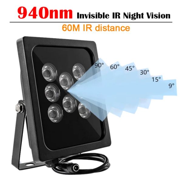 Accesorios 940 nm Iluminador invisible 60m Distancia IR 8 -LEDS INFROLED VISIÓN IMPRESION VISIÓN PARA CAMERA CCTV 90/60/45/30/15/9 Grado