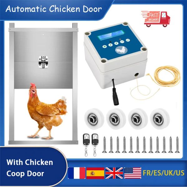 Porte de poulet solaire automatique avec ouvre-porte coulissante, écran LCD de poulailler avec minuterie et capteur de lumière pour un maintien sûr du poulet