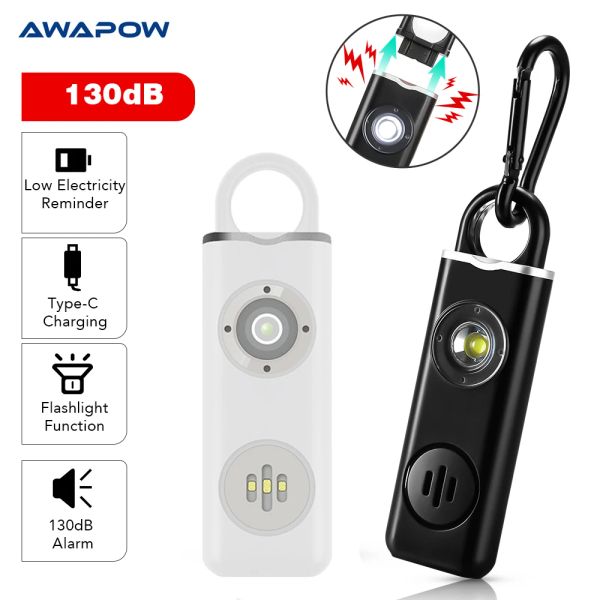 Accesorios Awapow Alarma de defensa personal 130dB con luz LED Recargable Ataño de autodefensa Alarma de seguridad Llave de emergencia Antiattack