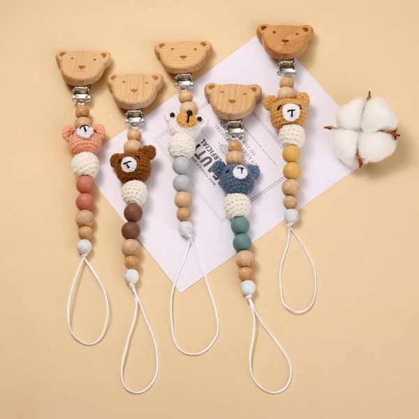 Accessoires Baby Beech Wood Pacificier Coup Cartoon Animal Crochet Beads Silicone Nipple Chaîne For Teether Netting Toys Baby Pacificier chaîne