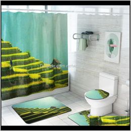 Accessoires Bath Huis Tuin Drop Levering 2021 Terrassen Veldlandschap Gordijn Toilethoes Mat Antislip Rug Set Waterdichte douchegordijnen