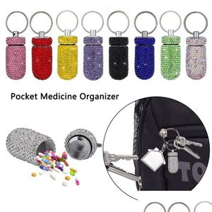 Accessoires Bling Diamond Alliage d'aluminium Strass Médecine Case Pill Conteneur de poche Organisateur Bouteille de rangement avec boîte à clés Tab Dhm7R