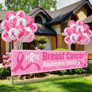Accessoires Cancer du sein Conscience de fond Banner Ribbon rose Signe de cour extérieur Banners pour le cancer du sein Fourniture de fête de charité