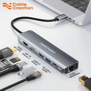 Accessoires CabreCreation 7 en 1 Convertisseur USB Type C Hub avec HDMI 4K 60Hz USB 3.0 RJ45 PD 100W Charge rapide SD TF Type C Docque pour ordinateur portable