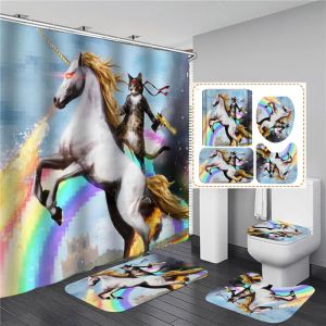 Accesorios Cat Riding a unicornio Cortina de ducha con estampado 3D con gancho de gancho Cortinas de baño impermeables Partition de baño WC Baño de baño