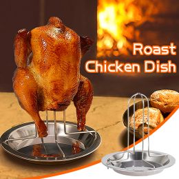 Accessoires Chicken Roaster Rack With Bowl Carbon Steel Beer Can Chicken Turkije Roaster BBQ Grill Holder Trade Camping Bakeware