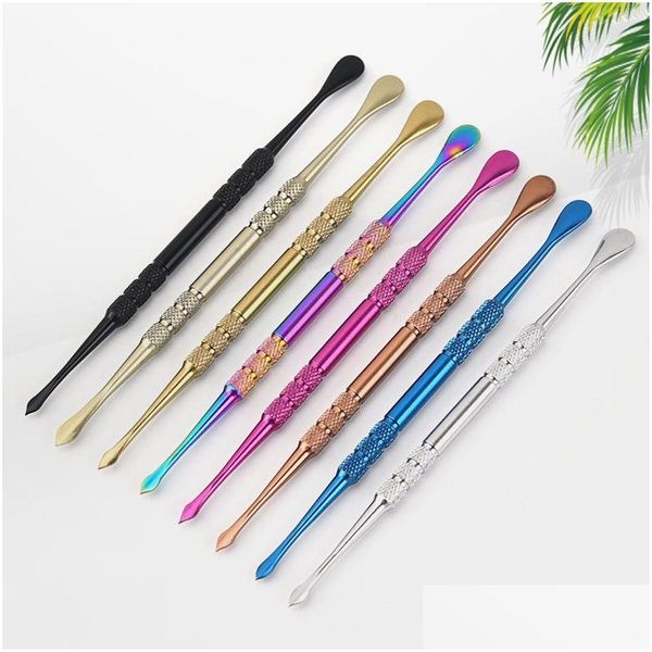 Accessoires Colorf Rainbow SS Cire Dab Cuillère À Double Tête 120Mm Pipe À Fumer Bong Tabac Propre Vaporisateur Herbe Sèche Dabber Nail Conce Dhaqm