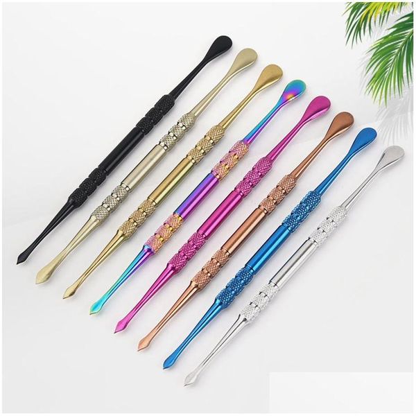 Accesorios Colorf Rainbow Ss Wax Dab Spoon Doble cabeza 120 mm Pipa para fumar Bong Tabaco Vaporizador limpio Hierba seca Dabber Nail Conce Dhzkk